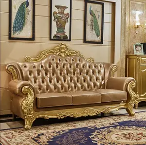 Classic luxury sofa with curved design wood design sofa set genuine leather sofa for living room