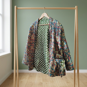 Indian Handmade Quilted Cotton <b>Jacket</b> Jaipuri Vintage Reversible Autumn Breathable Floral Pattern <b>Mandarin</b> <b>Collar</b> - Product Image 2