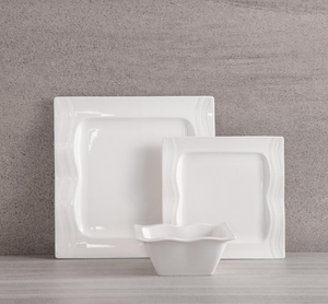 Custom White Porcelain Square Plates & Bowls, Embossed Wave Edge, Durable Ceramic Tableware for Restaurant, Catering & Kitchen - Product Image 5