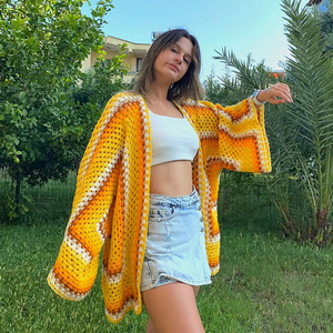 <span class=keywords><strong>Cardigan</strong></span> in maglia Patchwork all'uncinetto Patchwork quadrato colorato per <span class=keywords><strong>donna</strong></span> manica lunga stile Casual con Logo frontale - Product Image 3