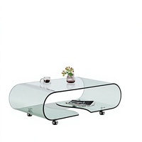 Table basse moderne en verre roulant avec étagère de rangement, table centrale en verre trempé courbé pour salon, appartement, maison
