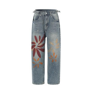 Couleur Imprimé Diamant Strass Broderie Hip Hop Bleu Royal Hommes Jambe Large Coton Denim Jeans en Vrac - Product Image 2