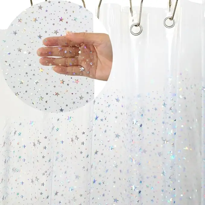 Waterproof PEVA Clear Plastic Bathroom Shower Curtain with Rustproof Metal Grommets Laser Star Design Shower Curtain
