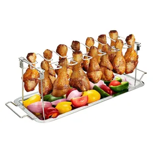 Chicken Leg Wing Rack 14 Slots Stainless Steel Metal BBQ Roaster Stand with Drip Tray for Smoker Grill or Oven Dishwasher Safe