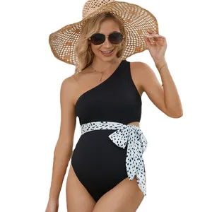 2023 mang thai một mảnh đồ bơi đơn giản màu đen một vai bụng che bụng rộng hỗ trợ tắm gợi cảm phù hợp với áo tắm bãi biển