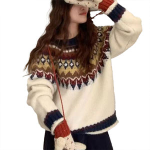 Autumn <b>Winter</b> Outfit Retro Stripe Design Sense Color Block Lapel Knit Sweater Coat Loose Slimming <b>Top</b> <b>Women</b> - Product Image 6