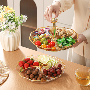 Plateau à fruits en verre irrégulier avec poignée et compartiments séparés pour les collations, les fruits secs, les noix, pour la maison, le salon, les fêtes d'anniversaire - Product Image 1