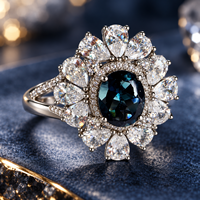 Bague en argent sterling 925 ajustable avec topaze bleue de Londres, pierre centrale ovale et grappe florale, bijoux fins personnalisés pour femme