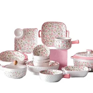 Set di stoviglie in ceramica stile giapponese rosa floreale in porcellana Fine Set di stoviglie da cucina per la casa