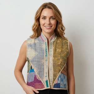 New Arrival Indian Handmade Cotton Patchwork Multicolor Kantha Short Sleeveless Vintage Vest <b>Jacket</b> Ethnic Boho Style Casual - Product Image 1