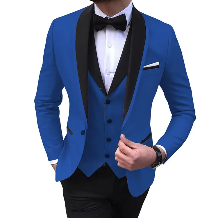 Slim Fit Blue Men Suits Black Shawl Lapel Casual Tuxedos Wedding Groomsmen Burgundy 3 pieces