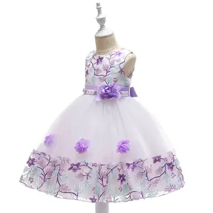 Весеннее платье с вышивкой для девочек, Новое Детское Сетчатое платье с цветочным принтом, пушистое платье принцессы с круглым вырезом, костюм для девочек на день рождения