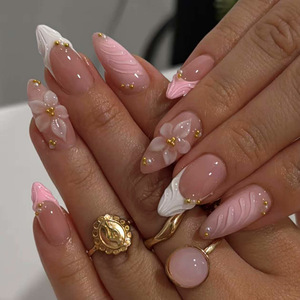 Unghie Finte 3D Rosa a Mandorla - Punta Francese Media con Fiori in Rilievo e Perline Dorate, Kit da 24 Pezzi per Manicure Femminile - Product Image 1