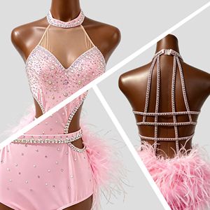 Traje de Ballet con Pedrería Rosa y Plumas, Espalda Descubierta con Tirantes, para Competencia de Danza Jazz, Contemporánea y Lírica - Product Image 2