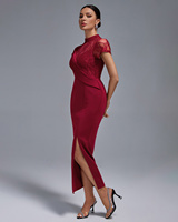 Robe de soirée mi-longue moulante Ocstrade Fashion pour femme, bordeaux, avec empiècements en dentelle, col montant, manches courtes, style bandage, élégante et décontractée