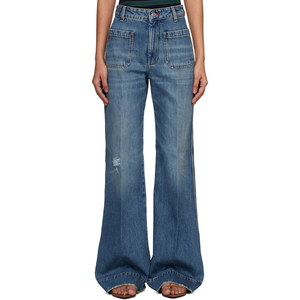 Vaqueros acampanados azules vintage para mujer, hechos a medida, <span class=keywords><strong>de</strong></span> talle <span class=keywords><strong>alto</strong></span>, desgastados, <span class=keywords><strong>de</strong></span> mezclilla, <span class=keywords><strong>de</strong></span> corte holgado, pierna recta, con bolsillos - Product Image 1
