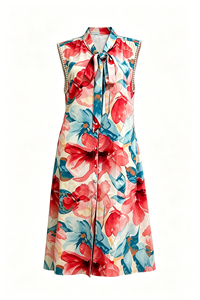 Robe d'été sans manches à fleurs pour femme, jupe midi élégante boutonnée et cintrée à la taille pour les vacances et le quotidien - Product Image 4