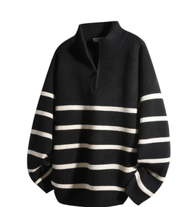 Suéter para <span class=keywords><strong>Hombre</strong></span>, 100% Mezcla de Lana, Cuello Alto, Cierre de Cremallera, Diseño en Bloques de Color <span class=keywords><strong>Blanco</strong></span> y Negro, Servicios de Personalización OEM/ODM - Product Image 1