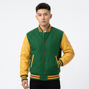 Chaqueta Varsity Verde y Amarilla para Hombre con Mangas de Cuero PU y Botones Rojos, Ropa Casual de Otoño - Product Image 2