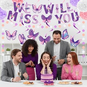 ของตกแต่งงานปาร์ตี้สีม่วง, ป้าย We <span class=keywords><strong>Will</strong></span> Miss <span class=keywords><strong>You</strong></span>, พวงมาลัยวงกลม, พู่ห้อย, ลูกปอมปอม, ของตกแต่งงานปาร์ตี้สำหรับเพื่อนร่วมงาน - Product Image 2