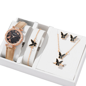 Montre à Quartz avec Cadran Analogique Affichage Charme Bracelet en PU 5 Pcs Ensemble Montre Femmes Bague Collier Boucle D'oreille Kit dans une Boîte <span class=keywords><strong>Cadeau</strong></span> - Product Image 5