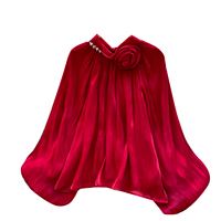 Chemisier plissé élégant en satin pour femme, à manches longues cloche et décor floral, coupe ample, idéal pour le printemps et l'été