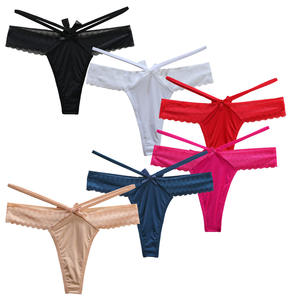 Wholesale Women's Sexy Underwear Erotic Mini Thongs Double Strap Sheer <b>Mesh</b> Panties Solid Color Hollow G-String Lace Bow - Product Image 1
