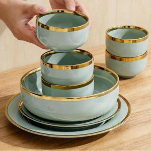 Gold Green Ceramic Bowl Plate <b>Dinnerware</b> <b>Set</b> Lightweight Luxurious Gold Edged Reusable Customized Color Creative - Product Image 5