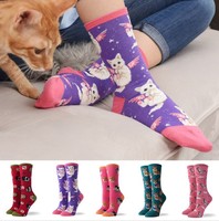 Chaussettes pour femmes, motif d'animaux de dessin animé amusants, antidérapantes, pour l'hiver, motif chat, cochon, skateboard, calcetines mujer