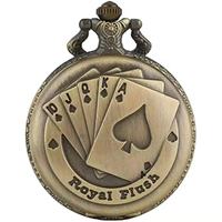 Montre de poche à quartz en alliage de 47 mm, style antique, motif cartes de poker Royal Flush, avec chaîne collier, cadeau pour enfants, hommes et femmes