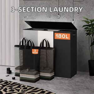 180L <b>Large</b> Laundry <b>Hamper</b> 3 Section with Lid Removable Bag Custom Collapsible Folding Dirty Clothes Laundry Basket Organizer - Product Image 4