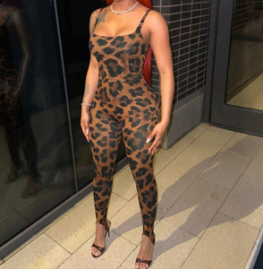 Viviblook D26ST185 Women Leopard Print <b>Set</b> <b>Sexy</b> Sleeveless Bodysuit Skinny Pants Casual Two Piece <b>Set</b> - Product Image 1