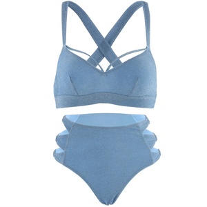 Custom Glitter High Waisted Bikini Set Cross Back Shiny Blue <b>Swimwear</b> Women Two <b>Piece</b> Swimsuit OEM Manufacturer - Product Image 1