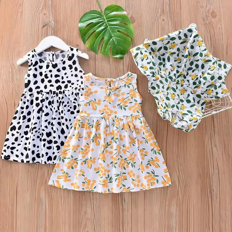 Nueva moda niños tejido algodón estampado Niño niñas ropa y vestidos