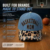 Casquette de baseball Dymf à 5 panneaux en denim, style sportif urbain unisexe pour maman, équipement de fan avec patchwork léopard, bord réglable en coton