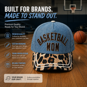 Casquette de baseball 5 panneaux Dymf en denim pour maman, équipement de fan avec patchwork léopard, visière réglable, en coton, vente en gros - Product Image 1