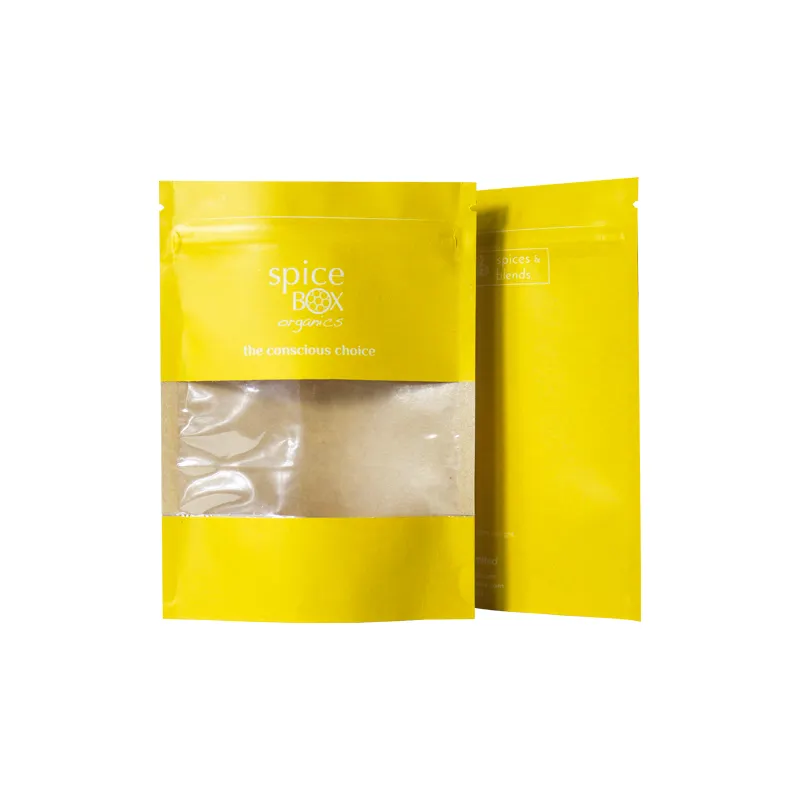 Organics spice-Bolsa de embalaje de papel kraft con cremallera de pie, con ventana transparente