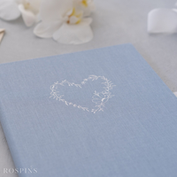 Cartes d'invitation de mariage luxueuses, chics et romantiques en lin gris clair avec pochette en lin ivoire et couverture rigide