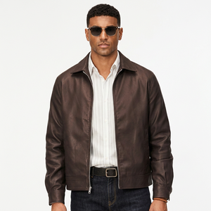 Blouson aviateur imperméable en cuir de mouton marron pour homme, col montant, fermeture éclair, coupe décontractée, vêtement d'hiver, fourrure de mouton - Product Image 1