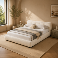 Lit plateforme moderne et écologique en tissu bouclé blanc avec tête de lit arrondie