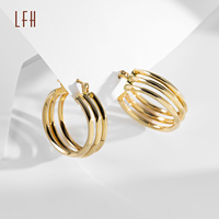 Boucles d'oreilles cerceau uniques à triple couche Boucles d'oreilles créoles en or véritable 18 carats Boucles d'oreilles créoles en or massif 18 carats Funky Big Round