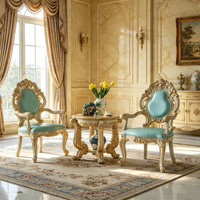 Ensemble de chaise d'appoint et table d'appoint de style vintage européen, cadre en bois massif sculpté à la main, revêtement en cuir, meubles de salle à manger et de loisirs