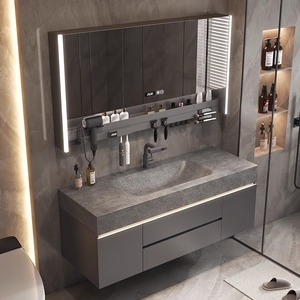Gray slate floating bathroom vanity with integrated sink LED smart cosmetic <b>mirror</b> storage <b>wall</b> cabinet - Product Image 6