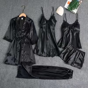 Offre Spéciale <span class=keywords><strong>pas</strong></span> cher prix Sexy dentelle couleur unie jarretelle Satin peignoir chemise de nuit pyjama vêtements de nuit 5 pièces ensemble pour les femmes - Product Image 5