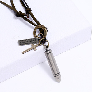 빈티지 가죽 로프 체인 목걸이 더블 링 펜던트 남성용 트렌디 쥬얼리 도매 - Product Image 3