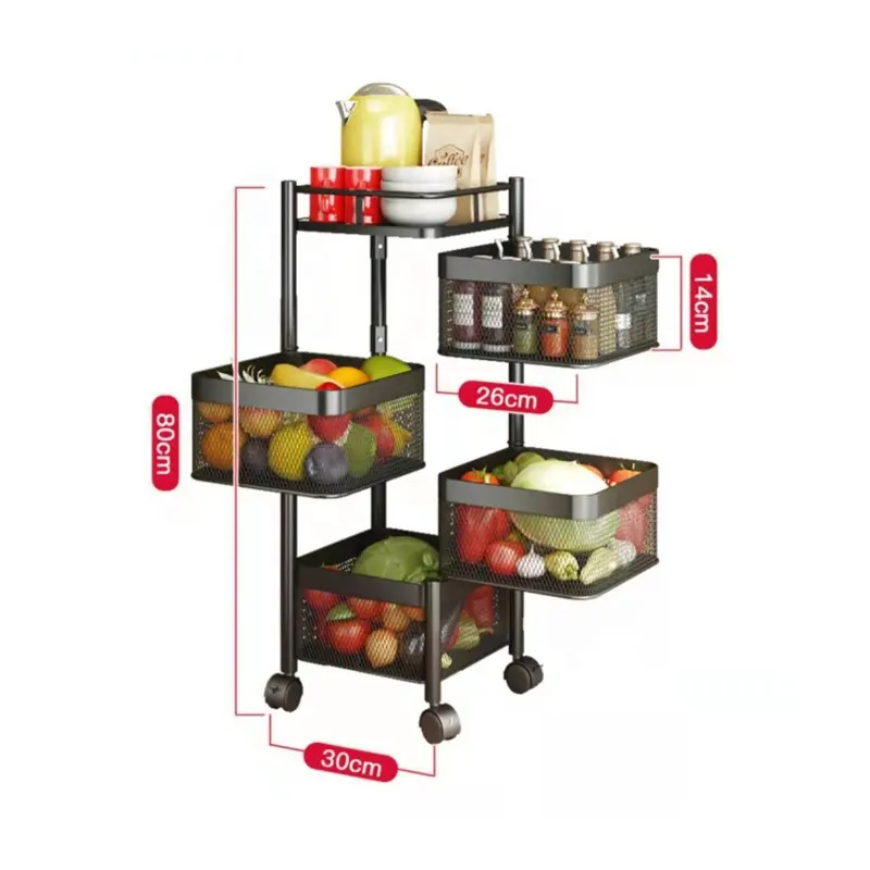 4 Layer Movable Floor Multi Layer Storage Rack Rotating Square Rack Kitchen Vegetables and Fruits on Vegetable Shelf