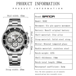 Reloj de Cuarzo Cronógrafo Sanda 9102 para Hombre, Caja Redonda de 45 mm, Esfera Analógica Deportiva con Cristal Mineral - Product Image 3