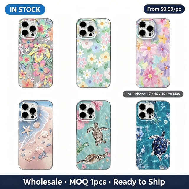 Wholesale Phone Case for iPhone 17 16 15 Pro Max, Sea Turtle & Floral Pattern, Shockproof Protective Cover,Supports Custom Logo,