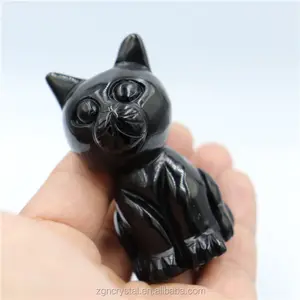 黒黒曜石クリスタル彫刻猫装飾用天然手作り素敵