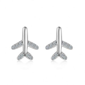 Dylam Tiny Cute Design Fine 925 Sterling <b>Silver</b> D Color VVS1 Moissanite Stone Peace & Love Airplane Small <b>Stud</b> Earrings Jewelry - Product Image 1